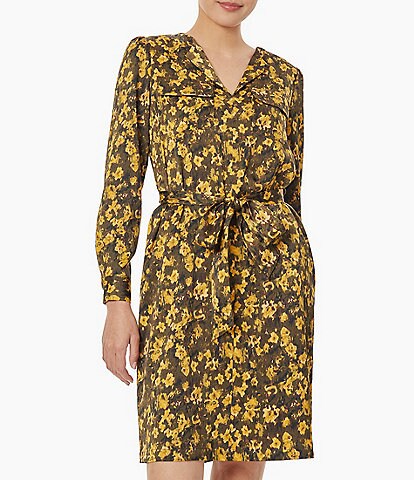 Jones New York Abstract Floral Print V-Neck Long Sleeve Belted Satin Weave Shirt Dress