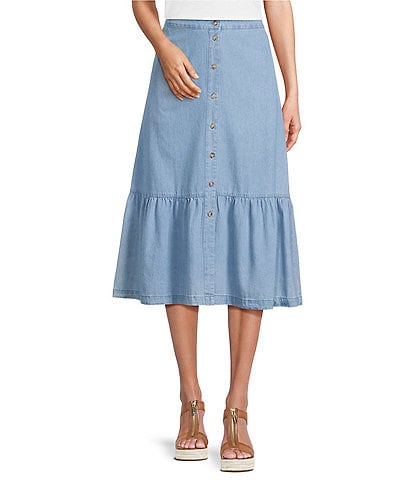 Jones New York Chambray Tiered Button Front Midi Skirt