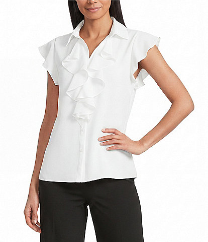 Jones New York Collared V-Neck Flutter Sleeve Ruffle Button Front Blouse