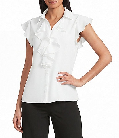 Jones New York Collared V-Neck Flutter Sleeve Ruffle Button Front Blouse