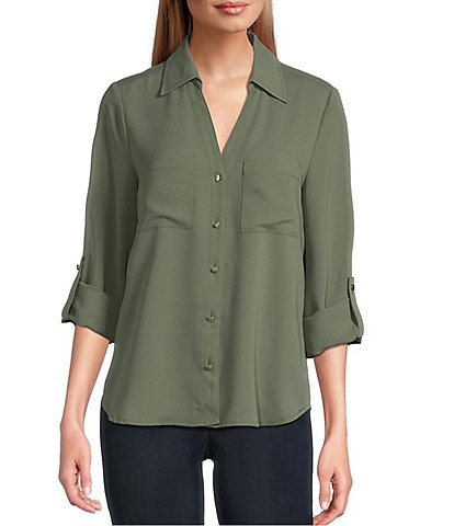 Jones New York Crepe Point Collar Roll Tab Button Front Top