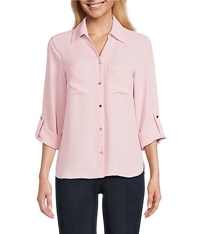 Jones New York Crepe Point Collar Roll Tab Button Front Top