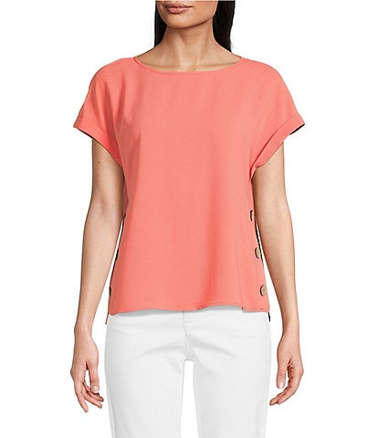 Jones New York Crew Neck Short Sleeve Button Detail Blouse