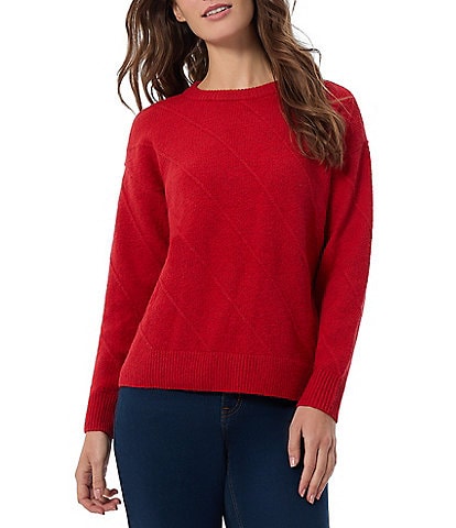 Jones New York Diagonal Stitched Knit Crew Neck Long Sleeve Sweater