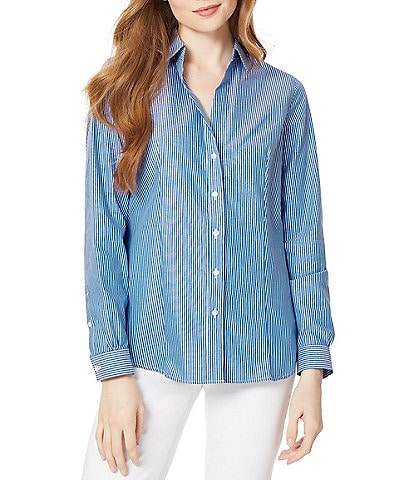 Jones New York Easy Care Cotton Stripe Print Point Collar Long Sleeve Button Front Shirt