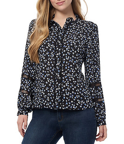 Jones New York Floral Printed Crepe De Chine Ruffle Neck Cutout Long Sleeve Button Front Top