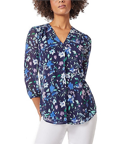 Jones New York Floral Printed V-Neck 3/4 Sleeve Pleated Front Tunic