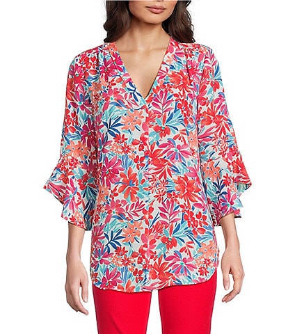 Jones New York Floral Printed V-Neck Flare Sleeve Tunic