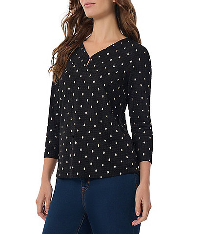 Jones New York Foiled Dot Waffle Knit V-Neck 3/4 Sleeve Top