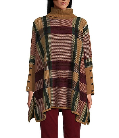 Jones New York Jacquard Plaid Long Sleeve Turtleneck Poncho