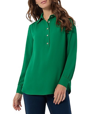 Jones New York Jasper Crepe Spread Collar Long Cuff Sleeve Button-Up Placket Shirttail Tunic