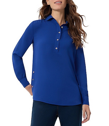 Jones New York Jasper Crepe Spread Collar Long Cuff Sleeve Button-Up Placket Shirttail Tunic