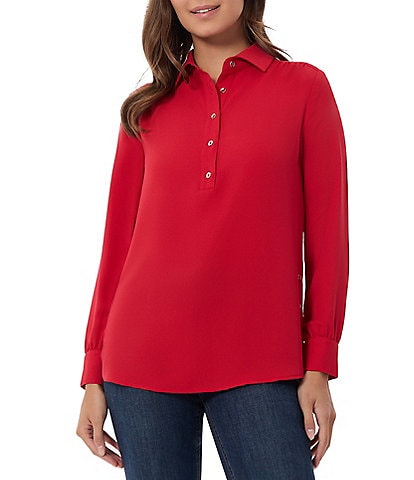 Jones New York Jasper Crepe Spread Collar Long Cuff Sleeve Button-Up Placket Shirttail Tunic