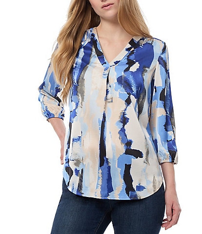 Jones New York Kelly Abstract Printed Satin V-Neck 3/4 Sleeve Elastic Cuff Tunic