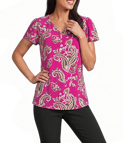 Jones New York Knit Printed V-Neck Flutter Sleeve Top