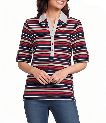 Jones New York Knit Stripe Polo Collar Elbow Sleeve Top