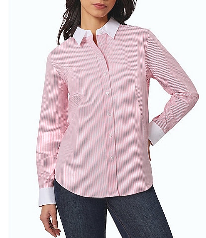 Jones New York Long Sleeve Contrast Point Collar Oversized Button Down Stripe Shirt
