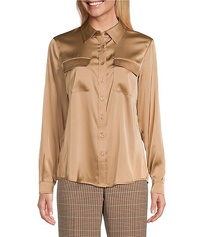 Jones New York Matte Satin Point Collar Long Sleeve Slim-Fit Button-Front Shirt