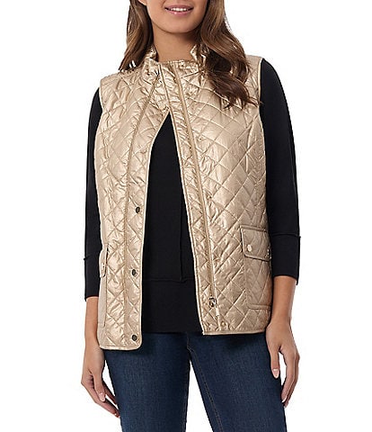 Jones New York Metallic Crinkle Pongee Quilted Mock Neck Patch Pocket Vest