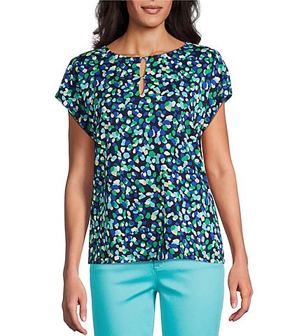 Jones New York Moss Crepe Keyhole Crew Neck Cap Sleeve Top