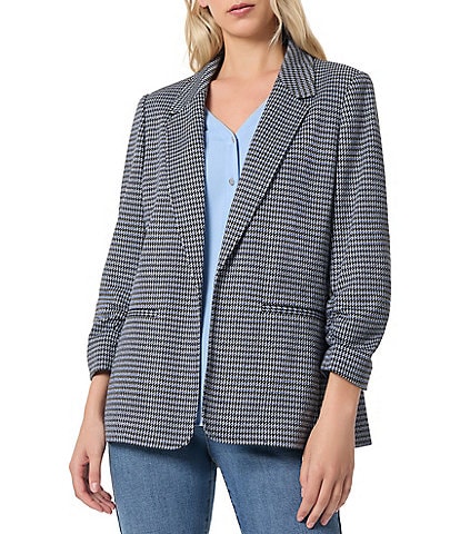 Jones New York Novelty Houndstooth Open Notch Lapel Scrunch Sleeve Blazer Jacket