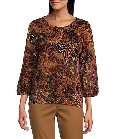 Jones New York Paisley Moss Crepe 3/4 Puff Sleeve Top