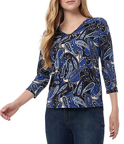 Jones New York Paisley Printed Moss Crepe V-Neck 3/4 Sleeve Top