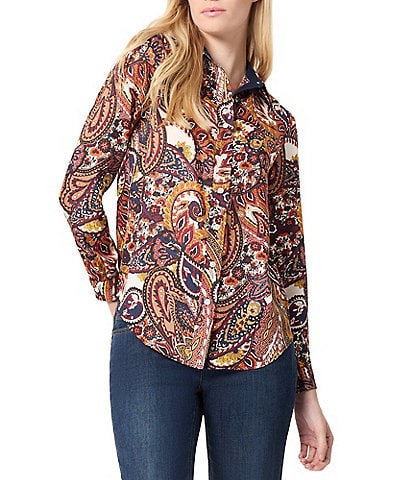 Jones New York Paisley Printed Satin Twill Point Collar Long Sleeve Button Front Utility Blouse