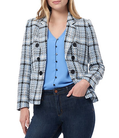 Jones New York Plaid Tweed Faux Double Breasted Notch Lapel Long Sleeve Open-Front Jacket