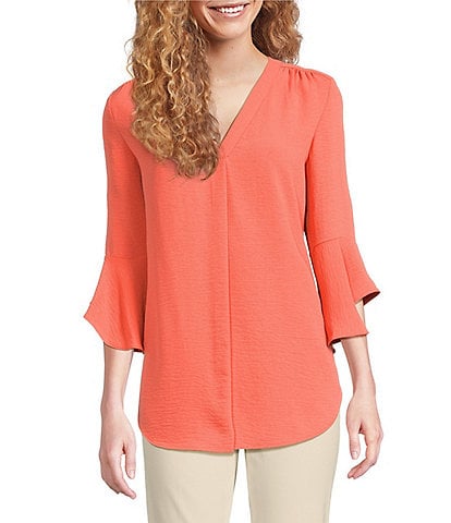 Jones New York Pleated V-Neck Flare Sleeve Tunic