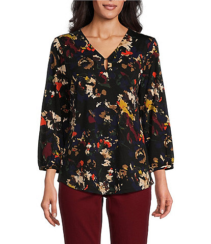 Jones New York Printed Moss Crepe V-Neck 3/4 Blouson Sleeve Noodle Top