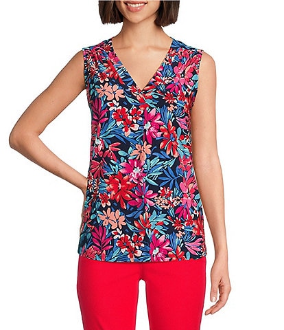 Jones New York Floral Printed Pleat Front Sleeveless Shell