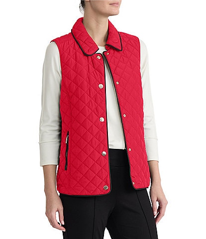 Jones New York Quilted Pongee Point Collar Sleeveless Front Snap Vest