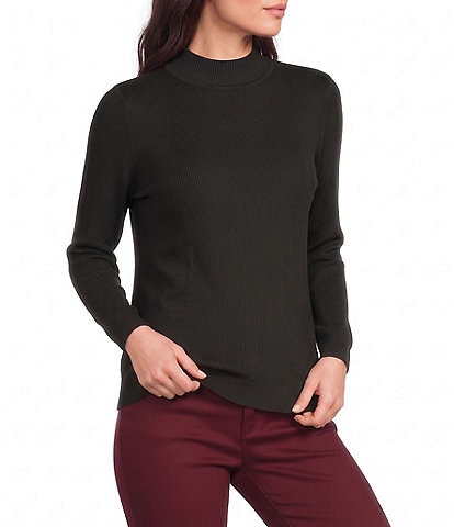 Jones New York Ribbed Knit Placed Stripe Mock Neck Long Sleeve Top