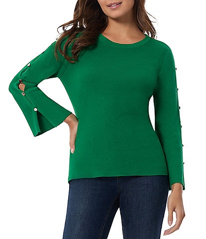 Jones New York Ribbed Peek-A-Boo Buttoned Long Sleeve Top