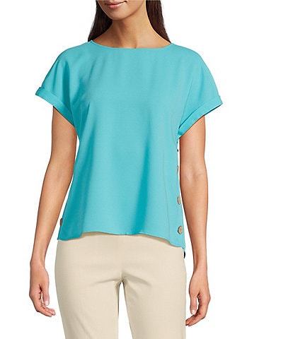 Jones New York Round Neck Short Sleeve Button Detail Blouse