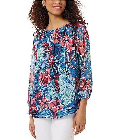 Jones New York Tropical Floral Print Chiffon Off-the-Shoulder Smocked Long Sleeve Top