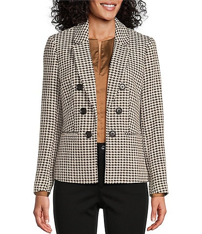 Jones New York Tweed Houndstooth Notch Lapel Pocketed Faux Double Breasted Blazer
