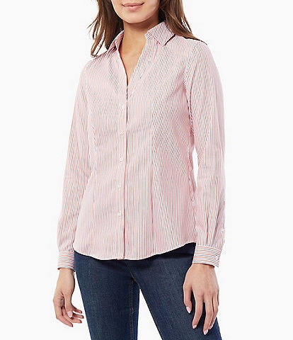 Jones New York Woven Striped Print Point Collar Long Sleeve Button Front Shirt