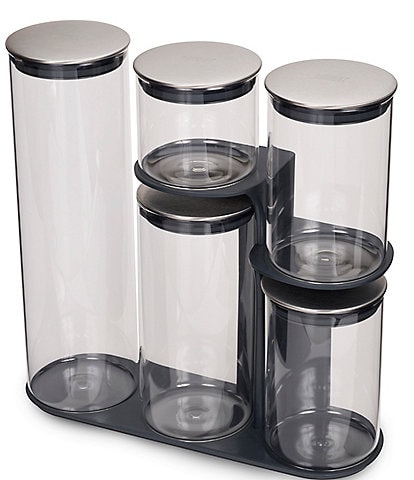 Joseph Joseph Podium 5-Piece Glass Storage Jar Set with Stand- Silver