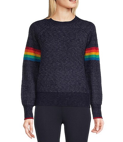 Joules Anna Long Balloon Rainbow Stripe Sleeve Ribbed Knit Crew Neck Sweater