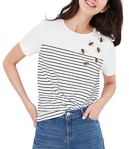 Joules Bee Harbour Embroidered Crew Neck Button Shoulder Detail Short Sleeve Tee