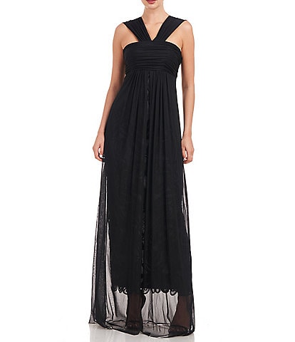 JS Collections Beaded Embroidery V-Neck Sleeveless Mesh Drape Overlay A-Line Gown