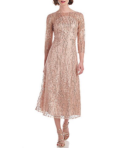 JS Collections Beaded Illusion Boat Neck 3/4 Sleeve A-Line Dress