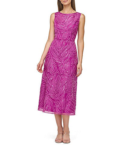 JS Collections Capri V-Back Sleeve Sequin Embroidered Soutache Fit & Flare Midi Dress