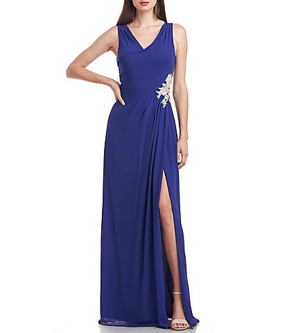 JS Collections Chiffon V-Neck Sleeveless Floral Applique Side Slit Gown