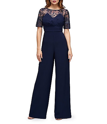 Js Collections Crepe Floral Beaded Illusion Crew Neck Short Sleeve Wide Leg Jumpsuit