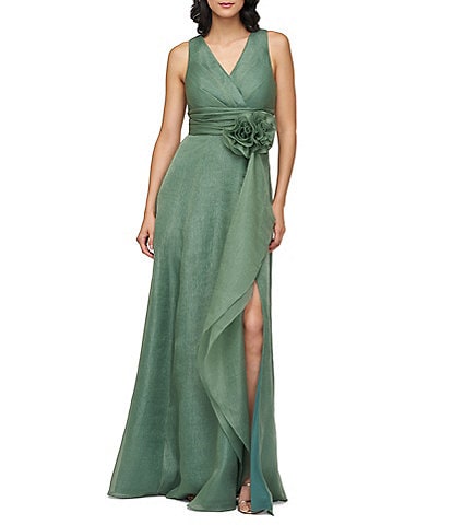 JS Collections Della V-Neck Pleated Bodice 3D Floral Applique Organza Aline Gown