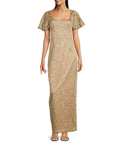 JS Collections Embroidered Short Flutter Sleeve Square Neck Gown