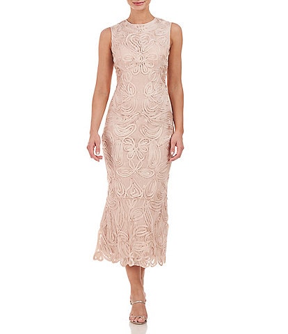 JS Collections Embroidered Soutache Lace Round Neck Sleeveless Mermaid Midi Dress
